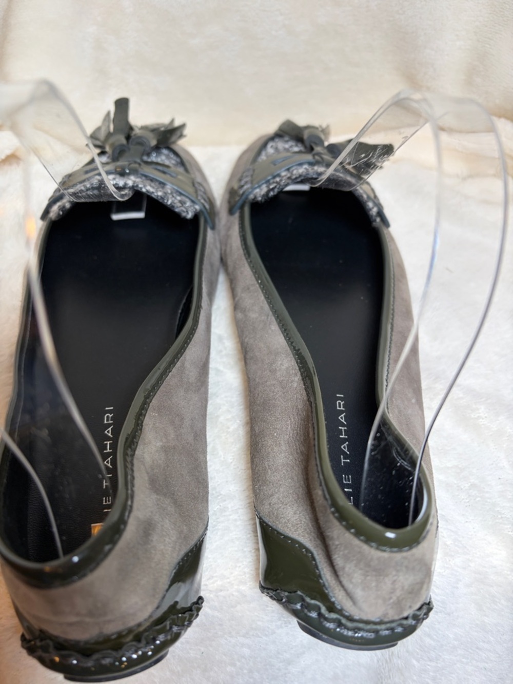 Elie Tahari Gray Suede Loafers with Tweed and Patent Tassels - Picture 5 of 8